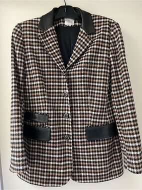 Vintage Paule Ka Houndstooth Blazer with Black Leather Trim - Black/Tan/White